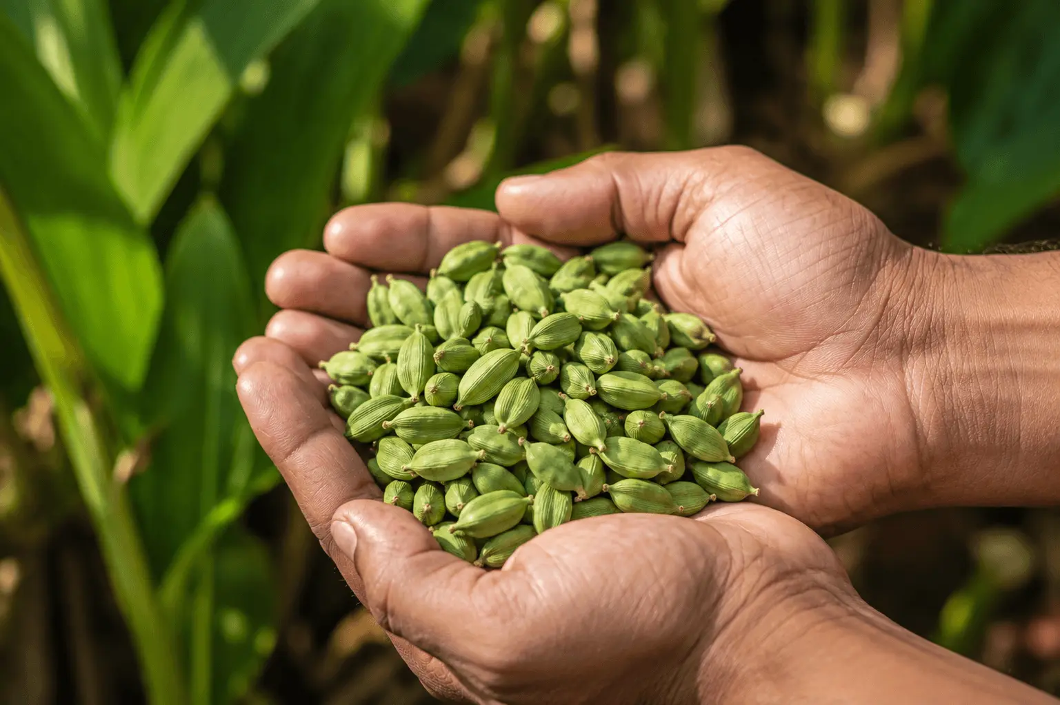 Hands holding freshly harvested green peppercorns